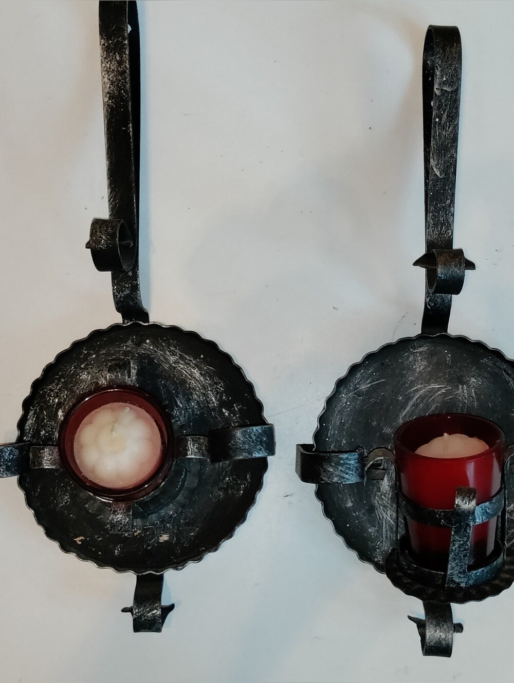 VTG Hand-Forged Set of Black Iron Wall Candle Sconces with Red Glass Holders